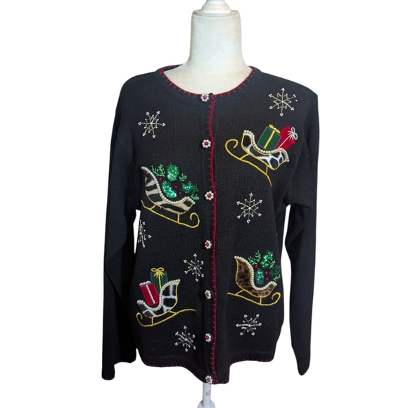 Vtg Christmas Festive Black Cardigan Embroidered Beaded Sleigh Design Sz M - Picture 1 of 12
